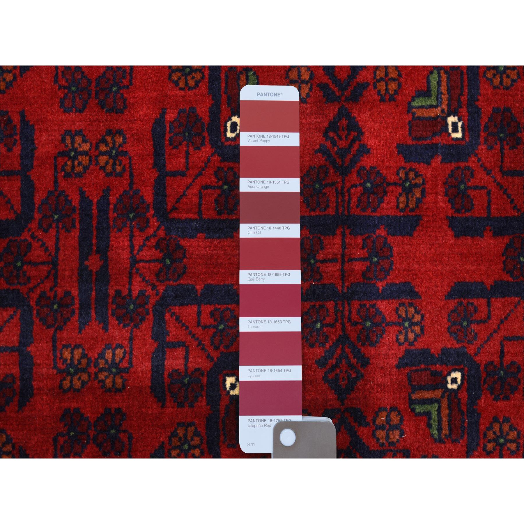 5'5"x7'8" Deep and Saturated Red, Afghan Khamyab with Geometric Design, Soft and Shiny Wool Hand Knotted, Oriental Rug HR71450 - Image 3