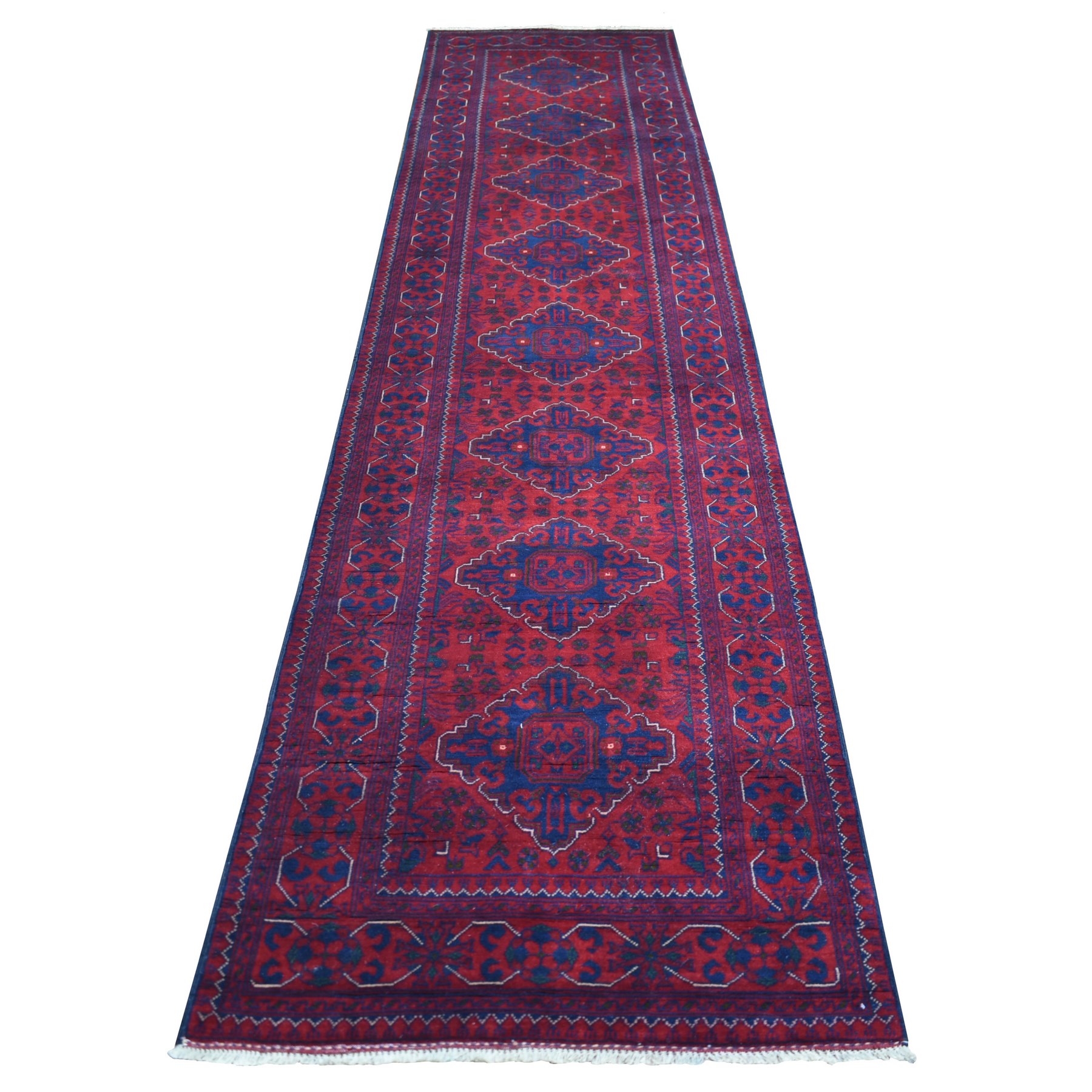 2'9"x12'5" Deep and Saturated Red, Afghan Khamyab with Geometric Medallions Design, Soft and Shiny Wool Hand Knotted, Runner Oriental Rug HR71568