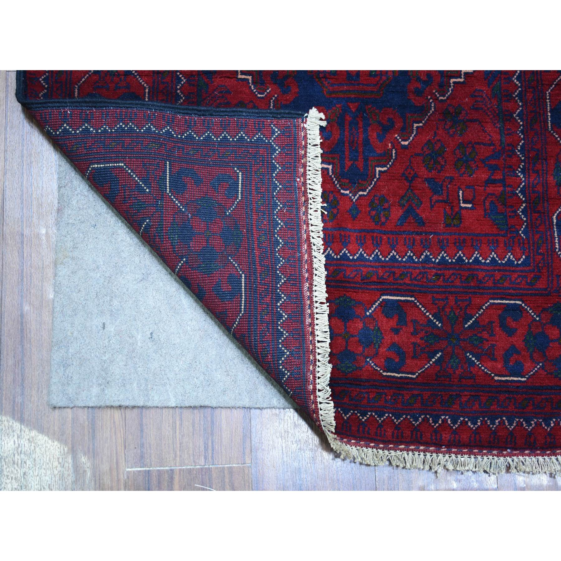 2'9"x12'5" Deep and Saturated Red, Afghan Khamyab with Geometric Medallions Design, Soft and Shiny Wool Hand Knotted, Runner Oriental Rug HR71568 - Image 2