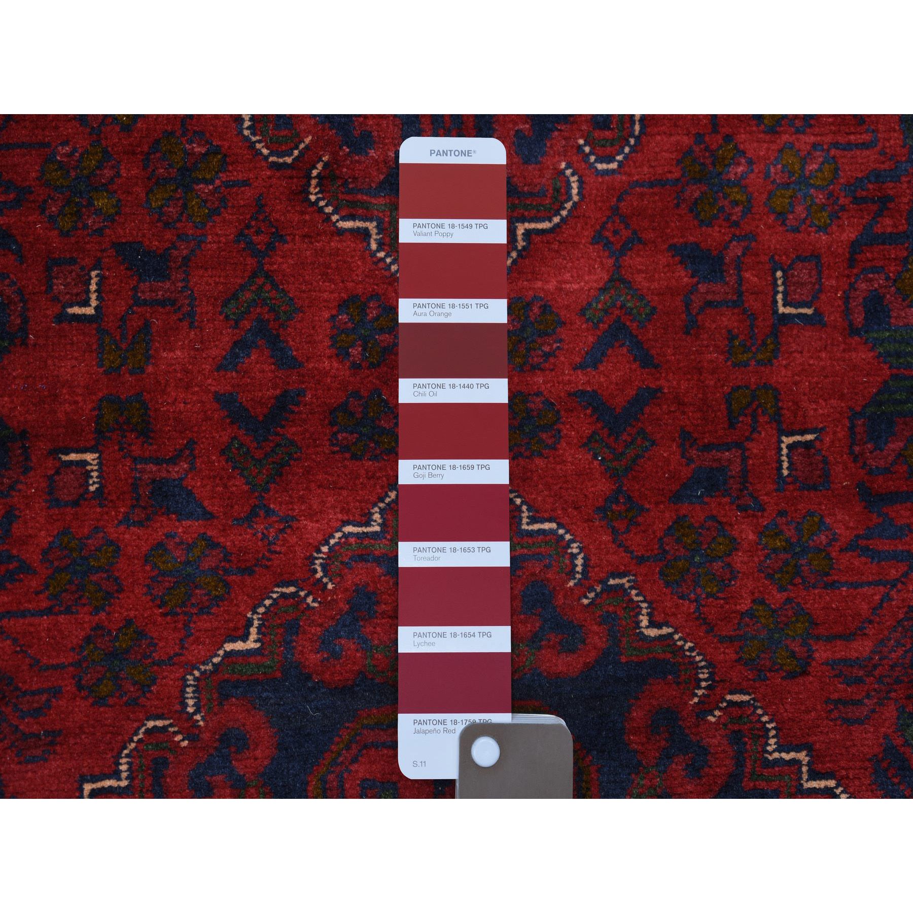 2'9"x12'5" Deep and Saturated Red, Afghan Khamyab with Geometric Medallions Design, Soft and Shiny Wool Hand Knotted, Runner Oriental Rug HR71568 - Image 3