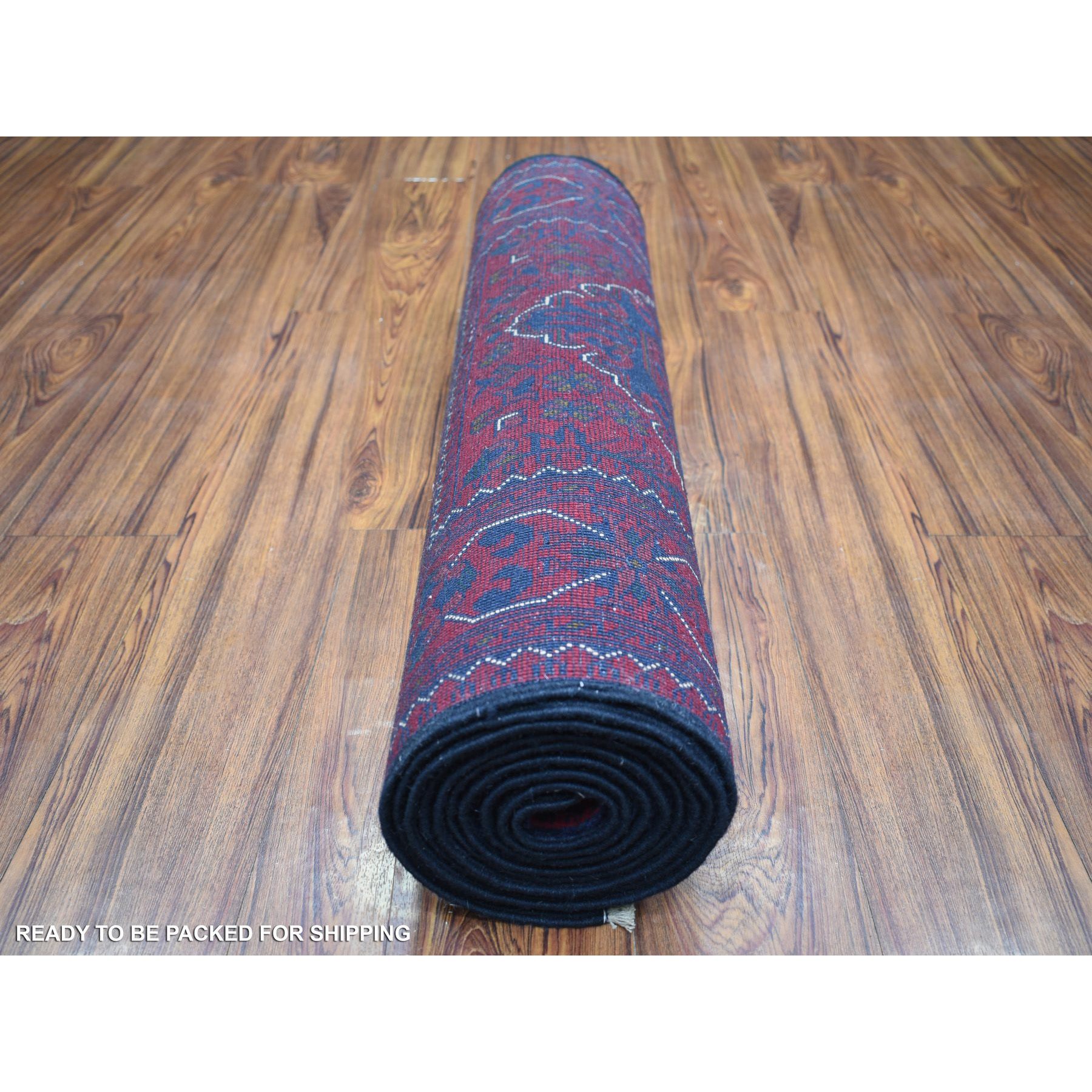 2'9"x12'5" Deep and Saturated Red, Afghan Khamyab with Geometric Medallions Design, Soft and Shiny Wool Hand Knotted, Runner Oriental Rug HR71568 - Image 4