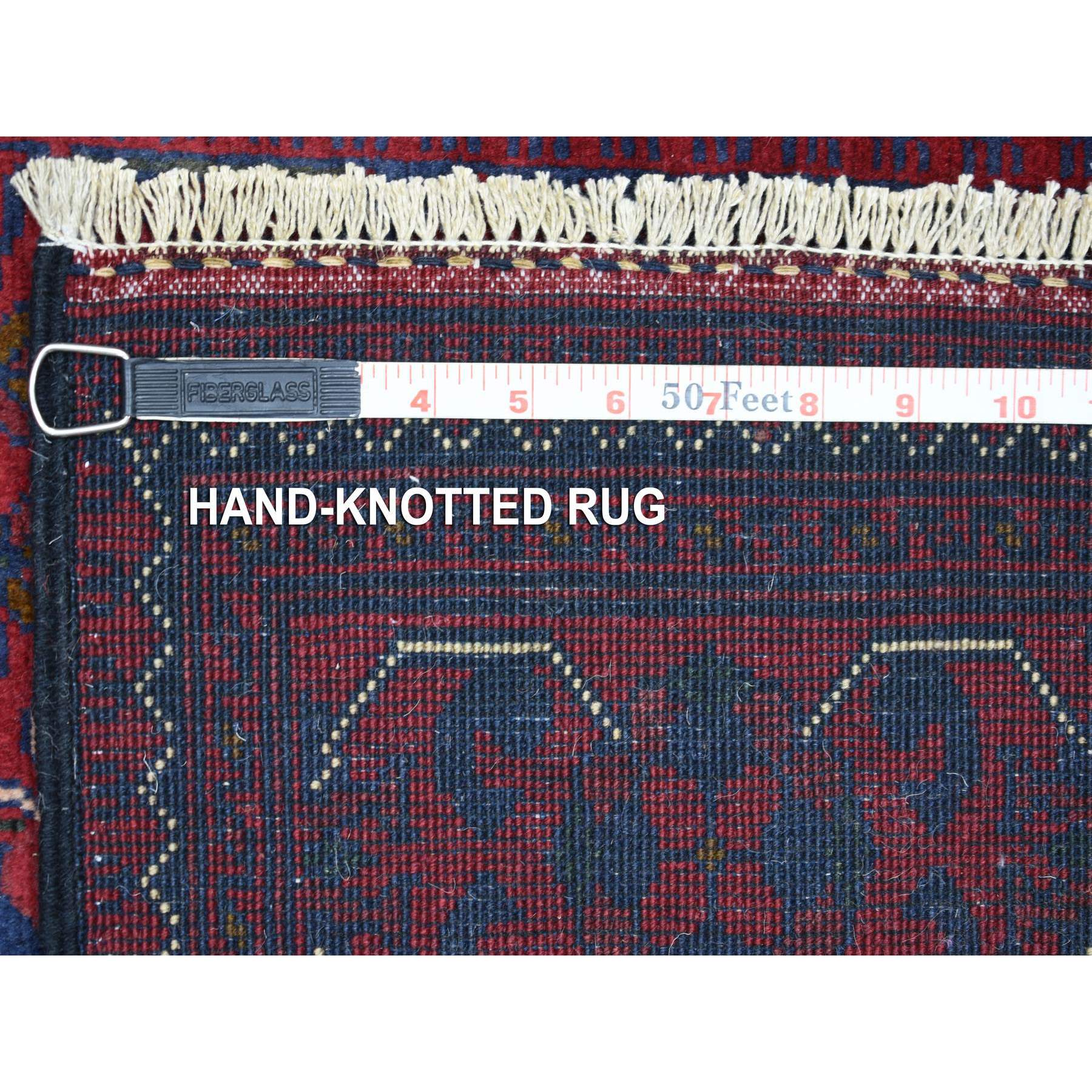 2'9"x12'5" Deep and Saturated Red, Afghan Khamyab with Geometric Medallions Design, Soft and Shiny Wool Hand Knotted, Runner Oriental Rug HR71568 - Image 6