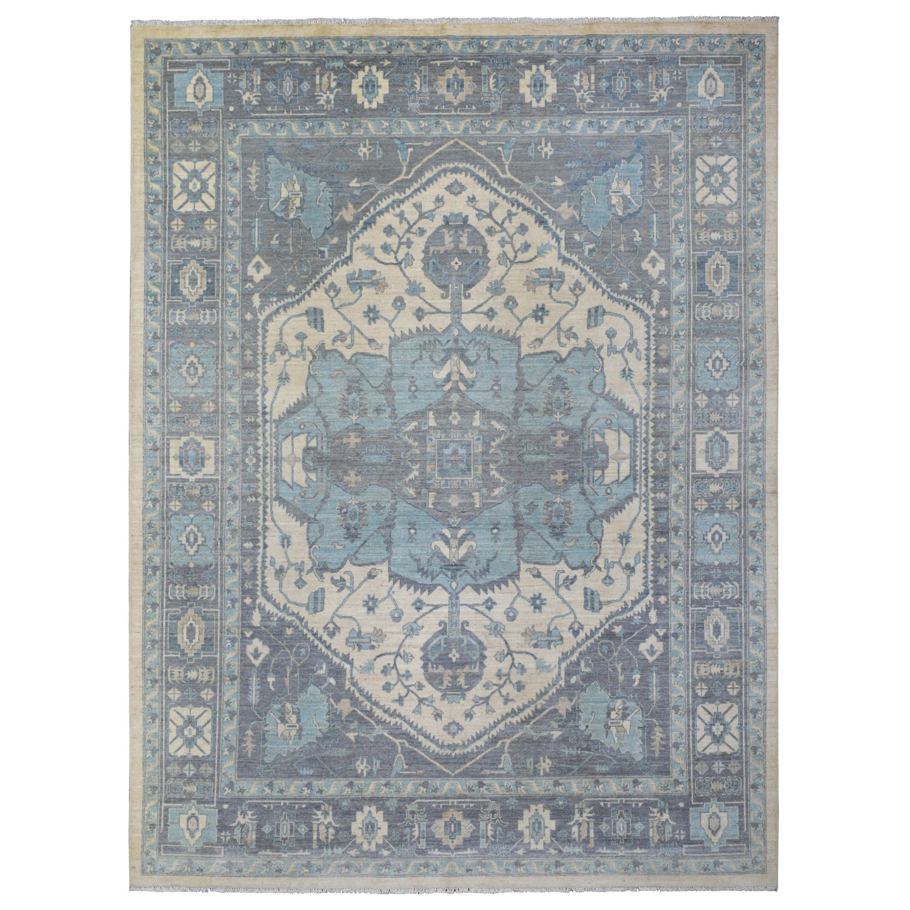 9'1"x11'9" Ivory, Hand Knotted Fine Peshawar with Heriz Serapi Design, Densely Woven Afghan Wool, Oriental Rug HR71619