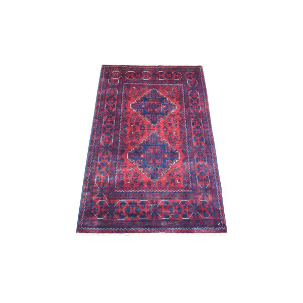 2'9"x4'3" Deep and Saturated Red, Afghan Khamyab with Double Geometric Medallion Design, Shiny Wool Hand Knotted, Oriental Rug HR71780