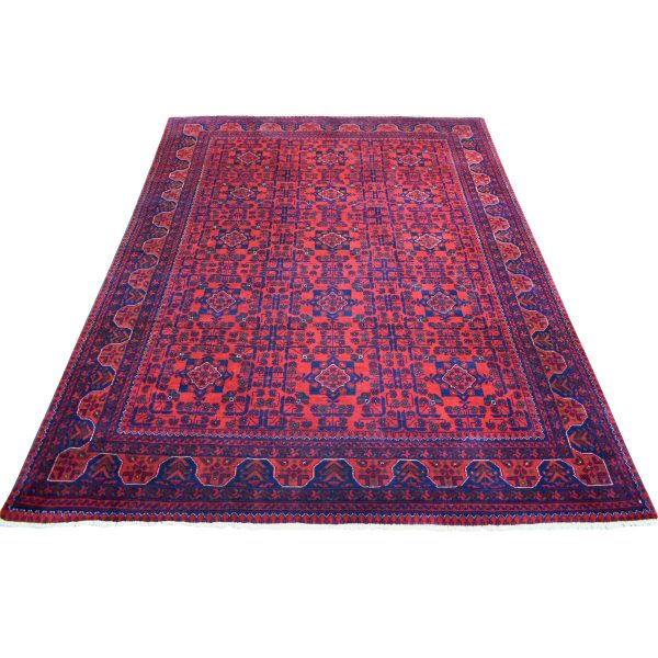 5'8"x7'5" Deep and Saturated Red with Touches of Blue, Hand Knotted Afghan Khamyab with Geometric Design, Soft and Velvety Wool, Oriental Rug HR71787