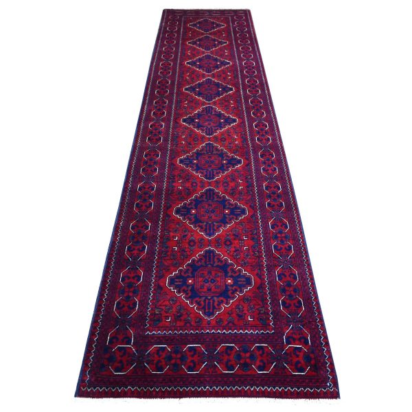2'9"x12'10" Deep and Saturated Red, Afghan Khamyab with Large Tribal Medallions Design, Soft and Shiny Wool Hand Knotted, Runner Oriental Rug HR71812