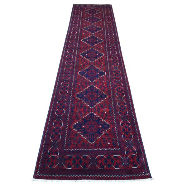 2'7"x13' Deep and Saturated Red with Touches of Navy Blue, Afghan Khamyab with Geometric Medallions Design, Soft and Velvety Wool Hand Knotted, Runner Oriental Rug HR71823