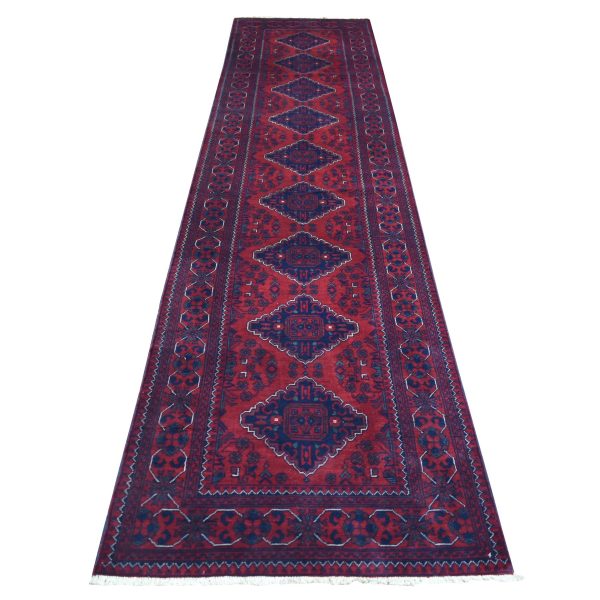 3'x12'8" Deep and Saturated Red with Mix of Navy Blue, Afghan Khamyab with Large Geometric Medallions Design, Velvety Wool Hand Knotted, Runner Oriental Rug HR71825