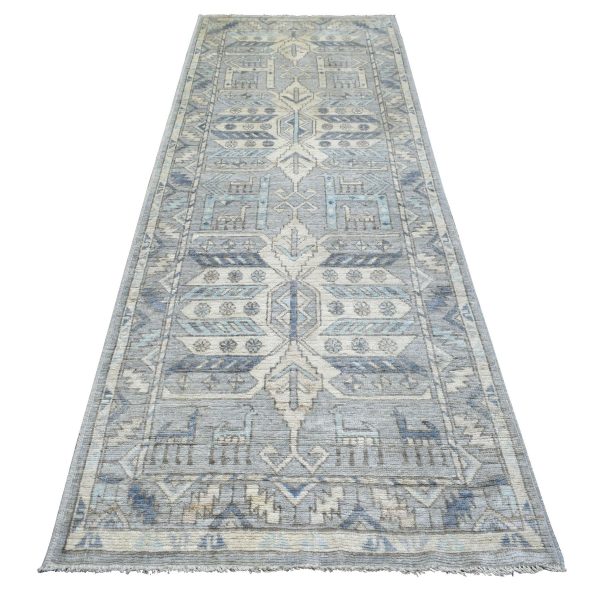 4'x10' Light Gray, Soft Wool Hand Knotted, Anatolian Village Inspired Geometric Medallion Design with Animal Figurines Natural Dyes, Wide Runner Oriental Rug HR71871
