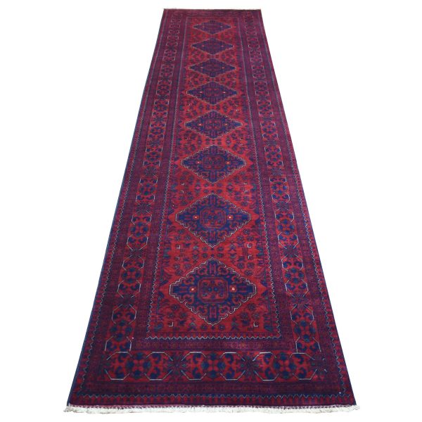 2'10"x12'6" Deep and Saturated Red with Touches of Navy Blue, Soft and Shiny Wool Hand Knotted, Afghan Khamyab with Large Tribal Medallions Design, Runner Oriental Rug HR71897