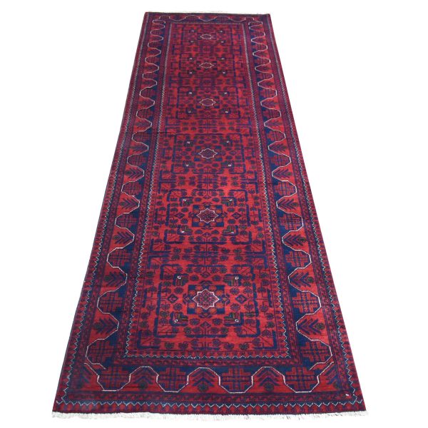2'10"x9'4" Deep and Saturated Red With Geometric Design Hand Knotted Afghan Khamyab, Velvety Wool Runner Oriental Rug HR71903