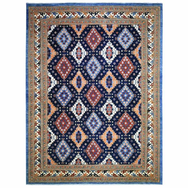 9'2"x11'10" Navy Blue, Afghan Ersari with Large Elements, Natural Dyes Dense Weave Soft Wool Hand Knotted, Oriental Rug HR71990