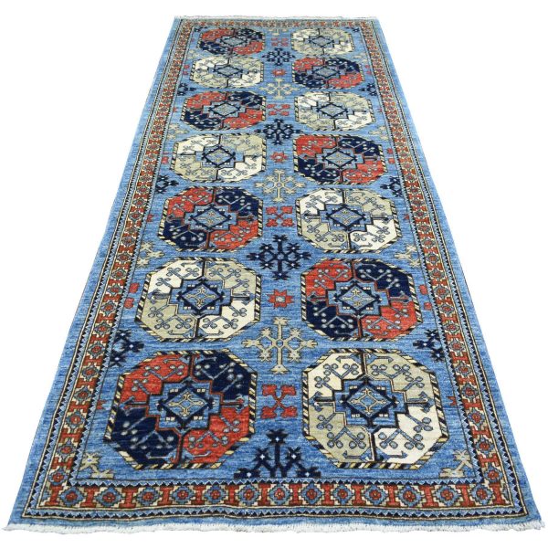 4'6"x10' Blue, Dense Weave Soft Wool Hand Knotted, Afghan Ersari with Elephant Feet Design Natural Dyes, Wide Runner Oriental Rug HR71992