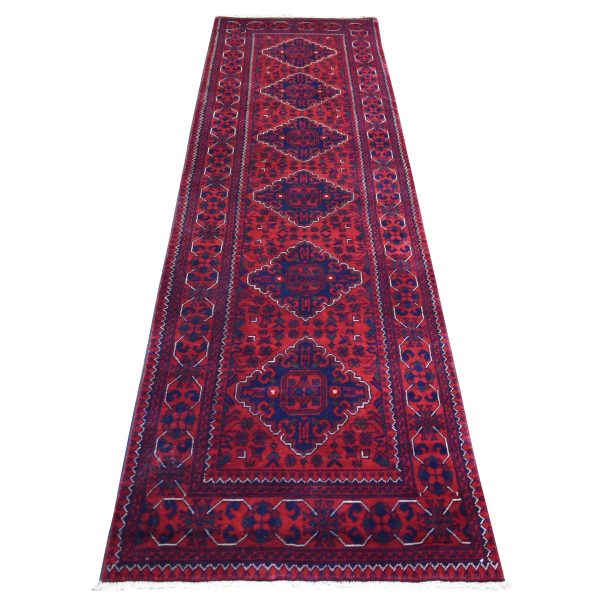 2'8"x9'7" Deep and Saturated Red With Geometric Design Hand Knotted Afghan Khamyab, Velvety Wool Runner Oriental Rug HR72008