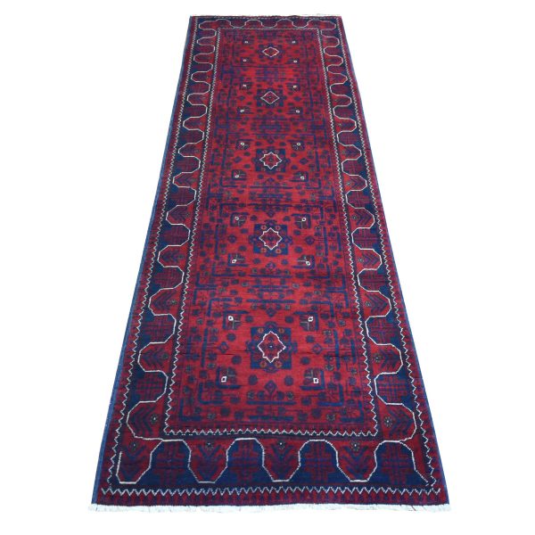 2'8"x9' Deep and Saturated Red Natural Dyes Afghan Khamyab, Pure Wool with Geometric Design Hand Knotted Runner Oriental Rug HR72017