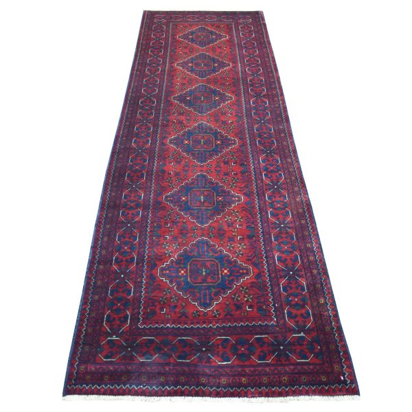3'x9'10" Deep and Saturated Red with Geometric Design Hand Knotted Afghan Khamyab, Velvety Wool Runner Oriental Rug HR72020