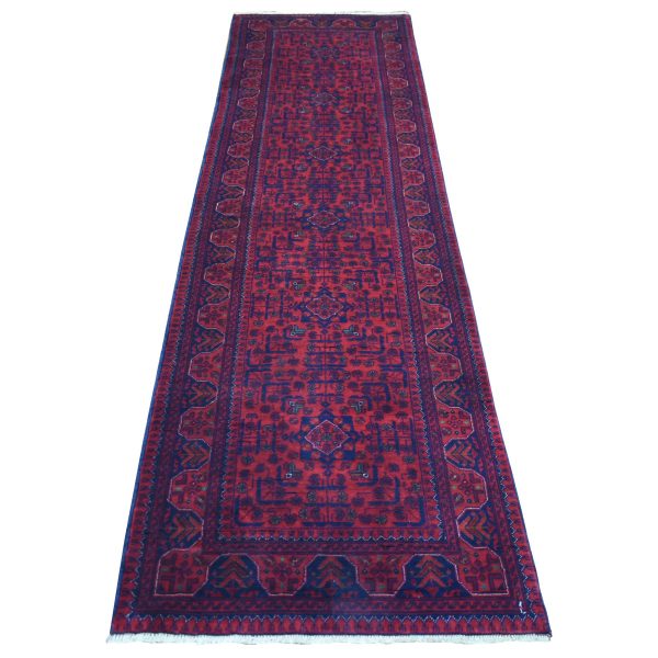 2'8"x9'8" Deep and Saturated Red Tribal Design Velvety Wool, Afghan Khamyab Hand Knotted Runner Oriental Rug HR72022