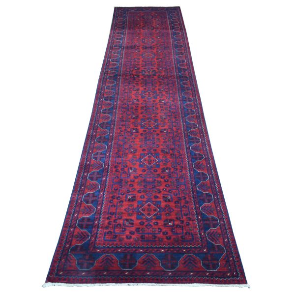 2'10"x12'8" Deep And Saturated Red Natural Dyes Afghan Khamyab, Pure Wool With Geometric Design Hand Knotted Runner Oriental Rug HR72023