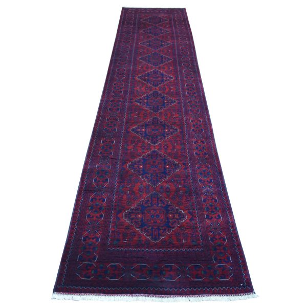 2'8"x13'1" Deep and Saturated Red Natural Dyes Afghan Khamyab, Pure Wool With Geometric Design Hand Knotted Oriental Rug HR72026