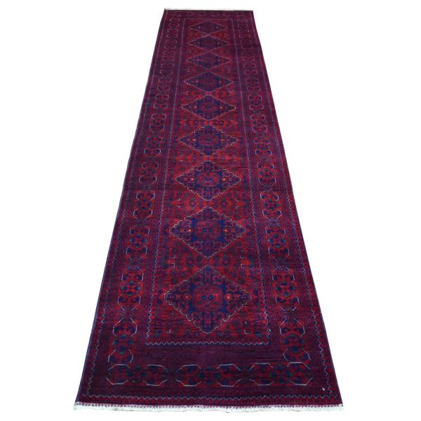 2'9"x13''2" Deep and Saturated Red with Geometric Design Hand Knotted Afghan Khamyab, Velvety Wool Runner Oriental Rug HR72031