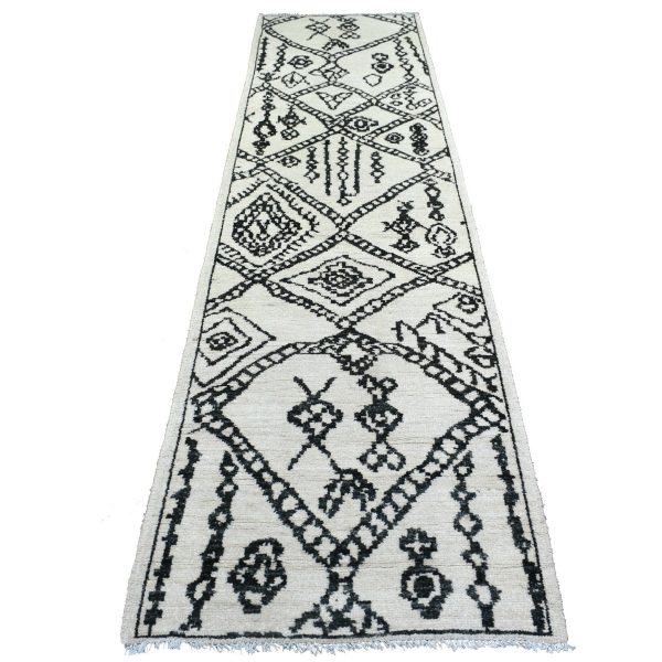 2'10"x11'4" Ivory Natural Dyes Hand Knotted, Soft and Shiny Wool, Boujaad Moroccan Berber with Criss Cross Pattern with Large Elements Runner Oriental Rug HR72169