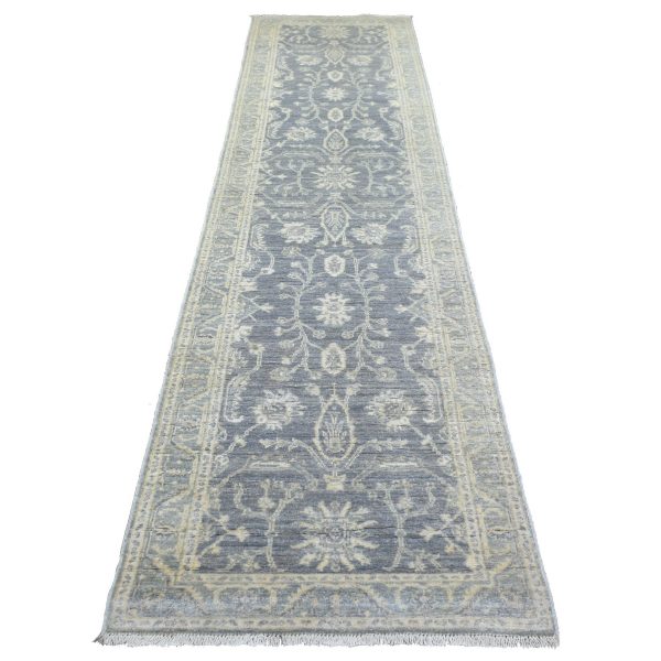 2'9"x11'5" Stone Gray Extra Soft Wool Hand Knotted, Fine Peshawar with All Over Design Densely Woven, Runner Oriental Rug HR72202
