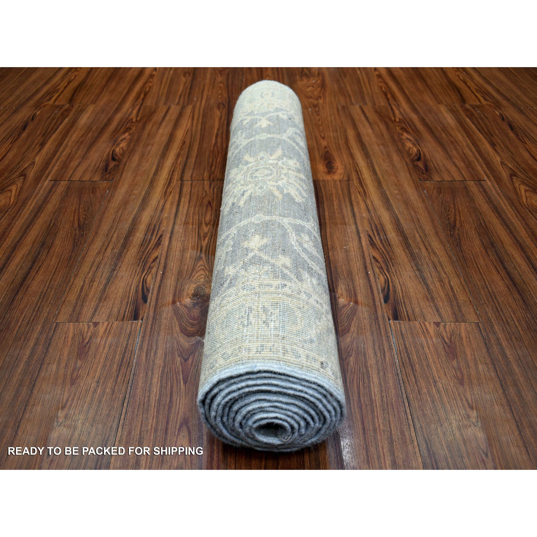 2'9"x11'5" Stone Gray Extra Soft Wool Hand Knotted, Fine Peshawar with All Over Design Densely Woven, Runner Oriental Rug HR72202 - Image 4