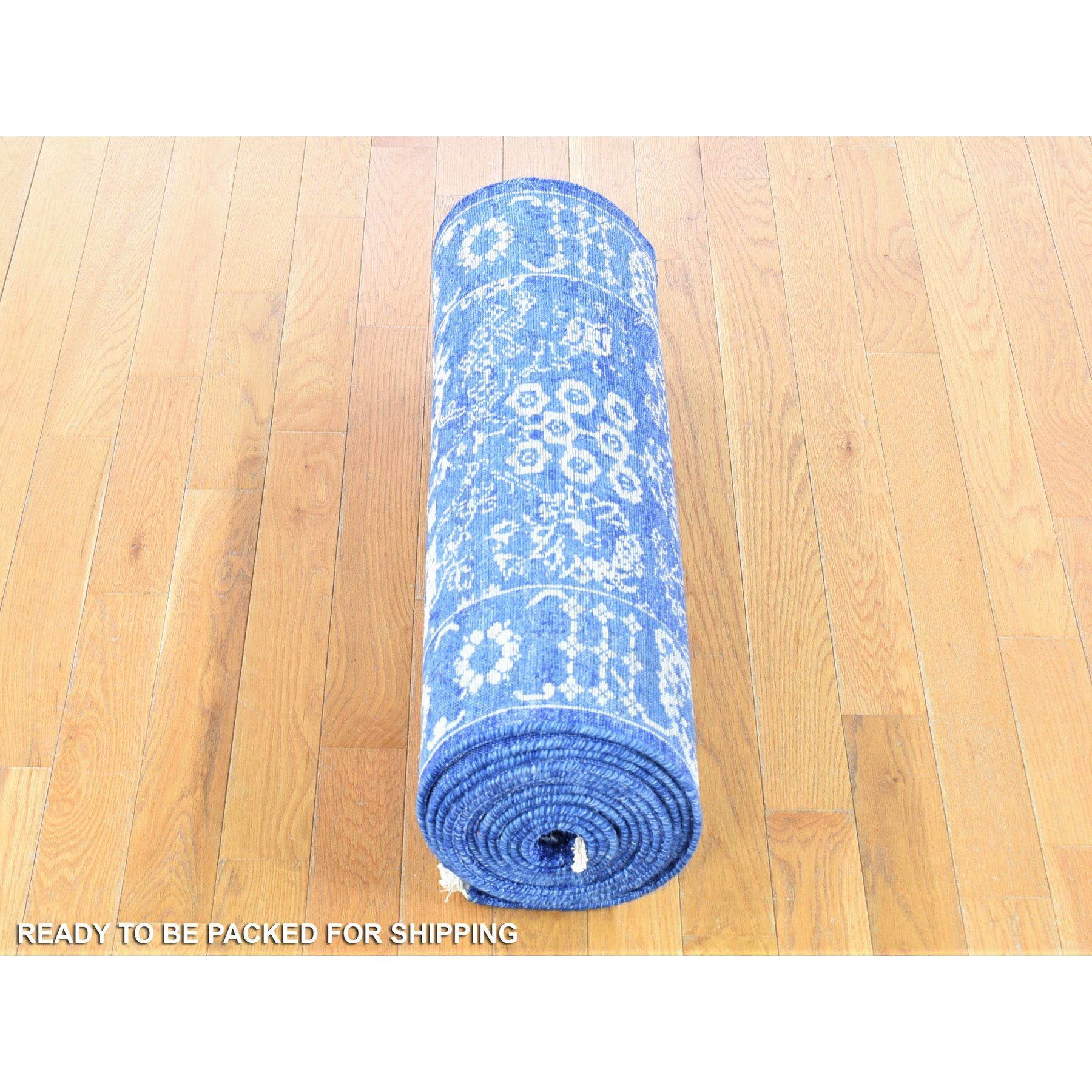 2'6"x16'10" Blue, Tone on Tone Tabriz, Wool and Silk Hand Knotted, XL Runner Oriental Rug HR80256 - Image 6