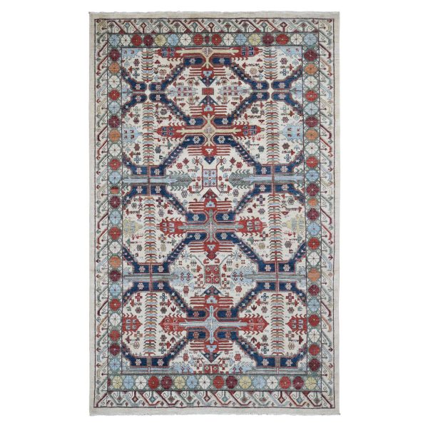 7'5"x12'2" Ivory, Peshawar with Antique Seychour Design, Pure Wool Hand Knotted, Oriental Rug HR80272