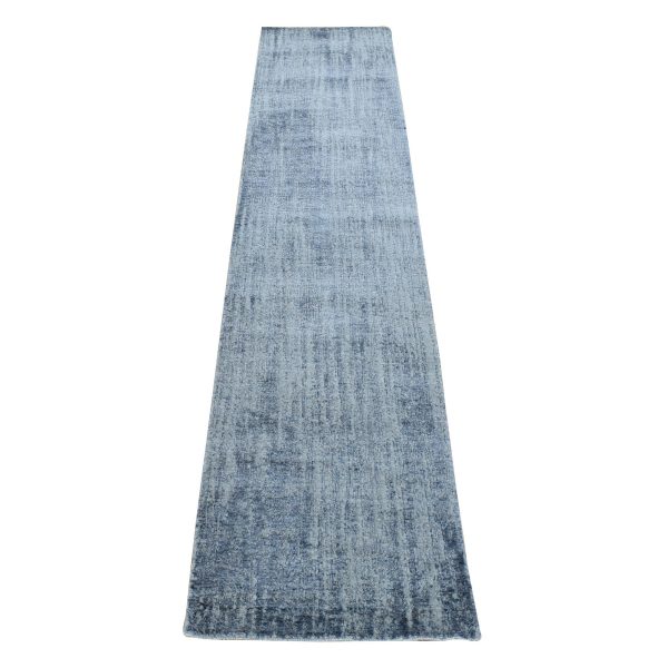 2'5"x10'8" Gray Fine Jacquard Hand Loomed Modern Runner Wool and Art Silk Oriental Rug HR80277
