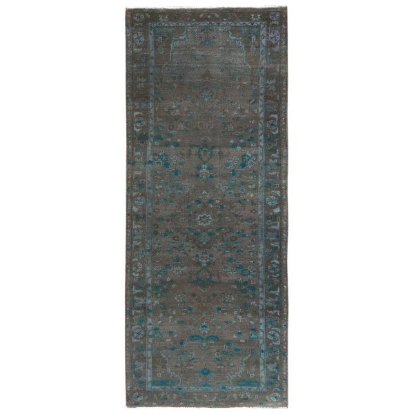 3'8"x9'3" Brown Overdyed with Touches of Blue, Vintage Persian Bibikabad, Sheared Low, Clean, Pure Wool, Hand Knotted Wide Runner Oriental Rug HR81872