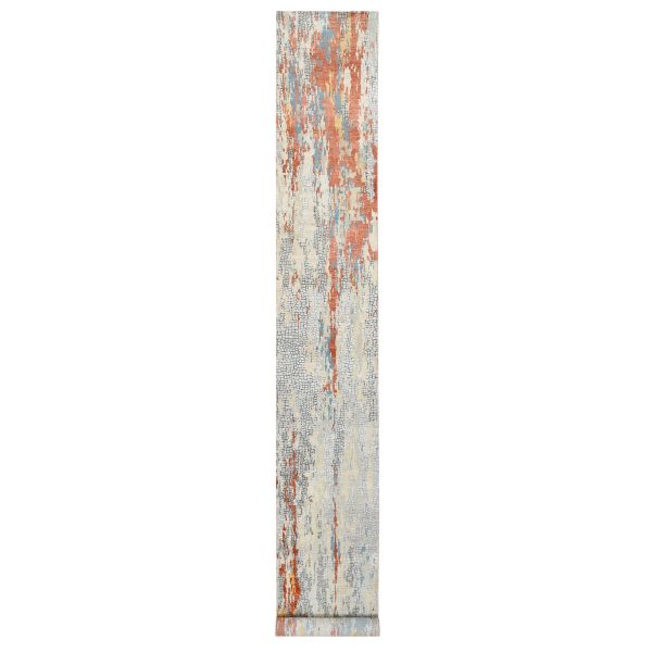 2'6"x17'8" Cream-Rust, Hand Knotted Abstract With Fire Mosaic Design, Wool And Silk, XL Runner Oriental Rug HR64539