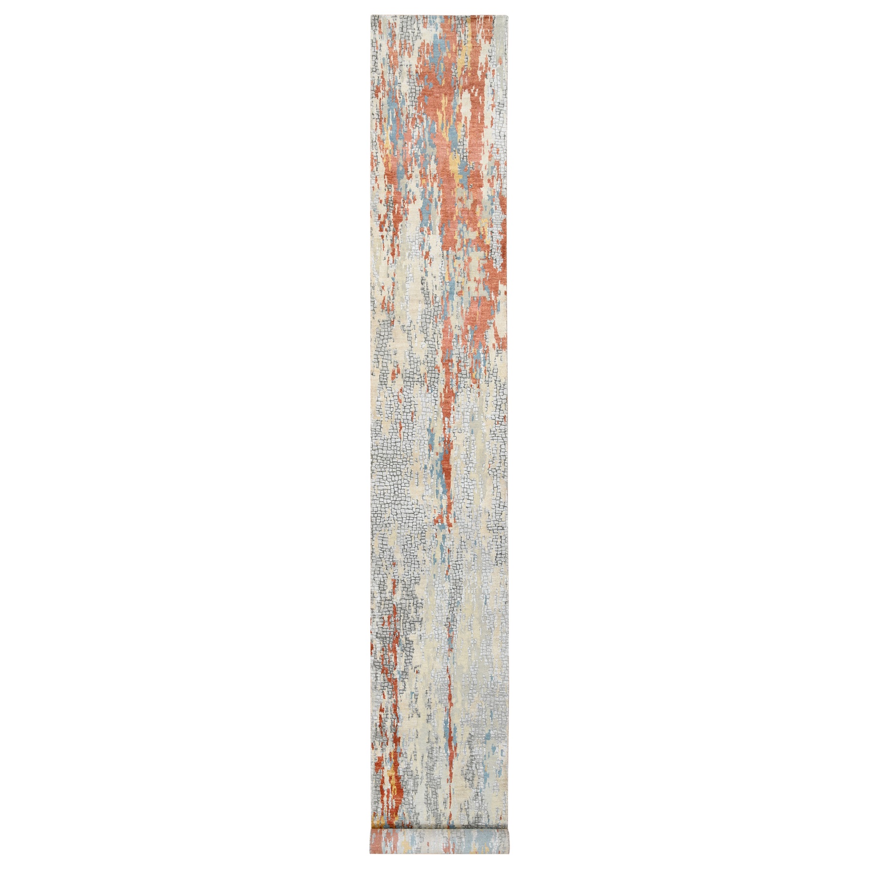 2'6"x17'8" Cream-Rust, Hand Knotted Abstract With Fire Mosaic Design, Wool And Silk, XL Runner Oriental Rug HR64539