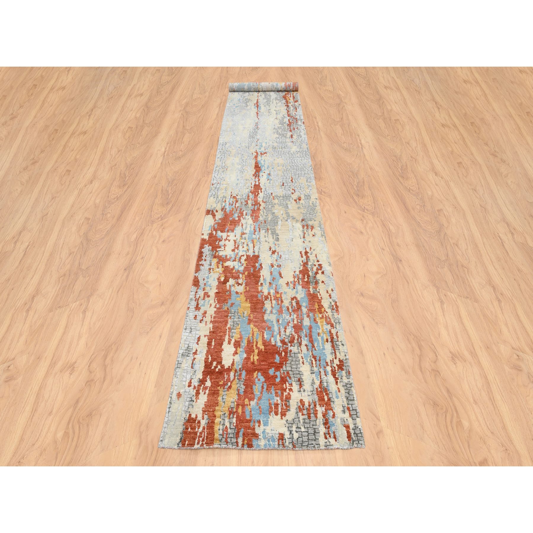 2'6"x17'8" Cream-Rust, Hand Knotted Abstract With Fire Mosaic Design, Wool And Silk, XL Runner Oriental Rug HR64539 - Image 2