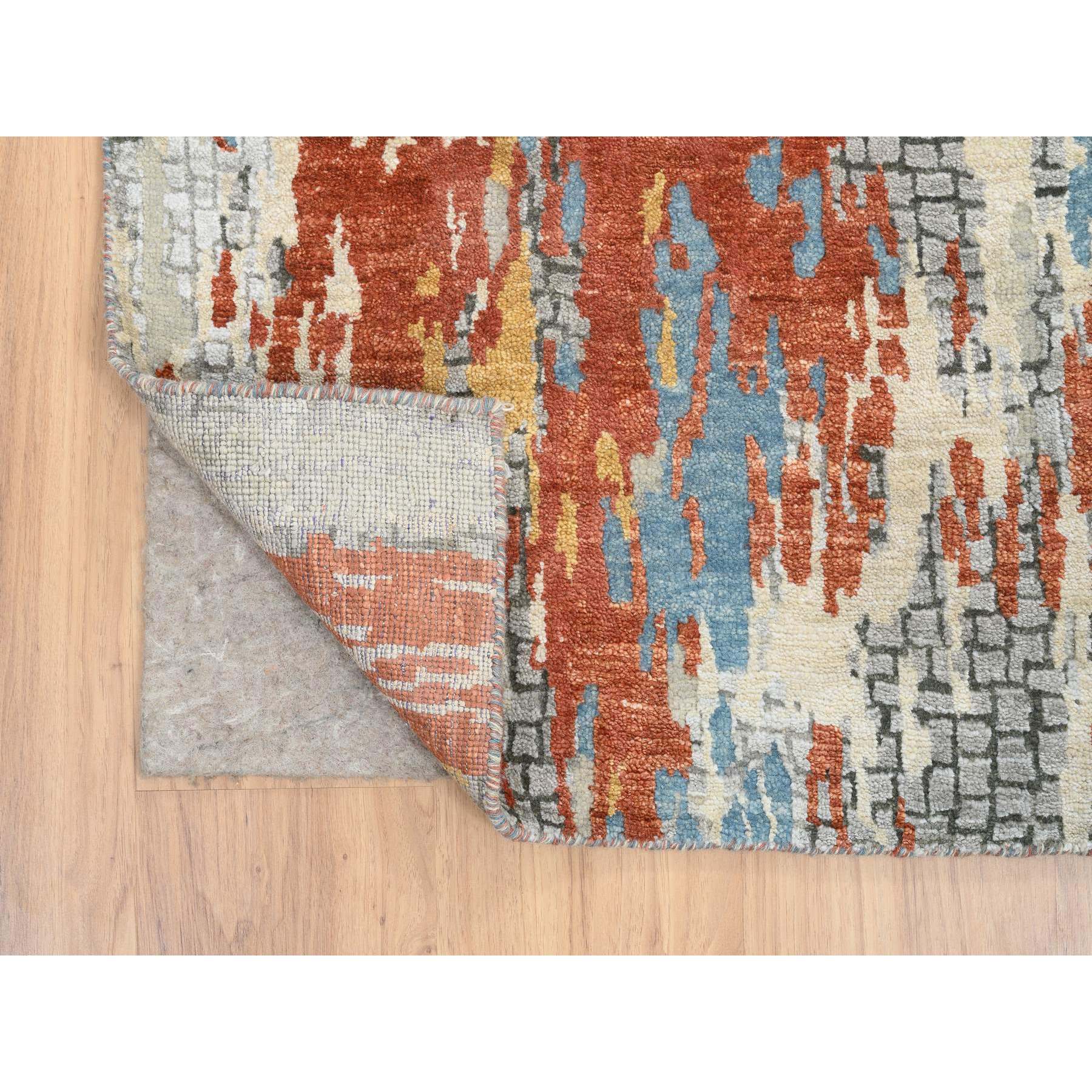 2'6"x17'8" Cream-Rust, Hand Knotted Abstract With Fire Mosaic Design, Wool And Silk, XL Runner Oriental Rug HR64539 - Image 3