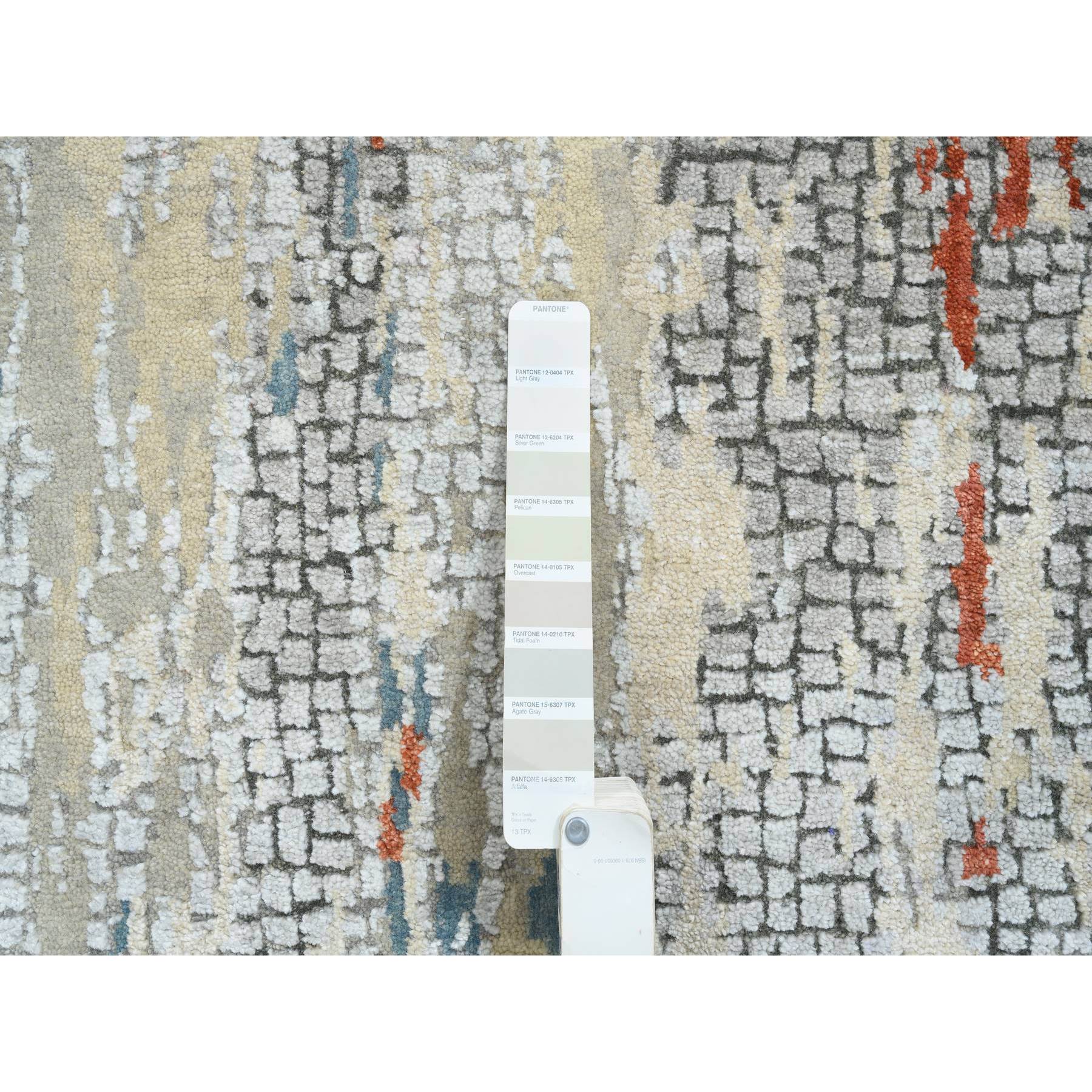 2'6"x17'8" Cream-Rust, Hand Knotted Abstract With Fire Mosaic Design, Wool And Silk, XL Runner Oriental Rug HR64539 - Image 4