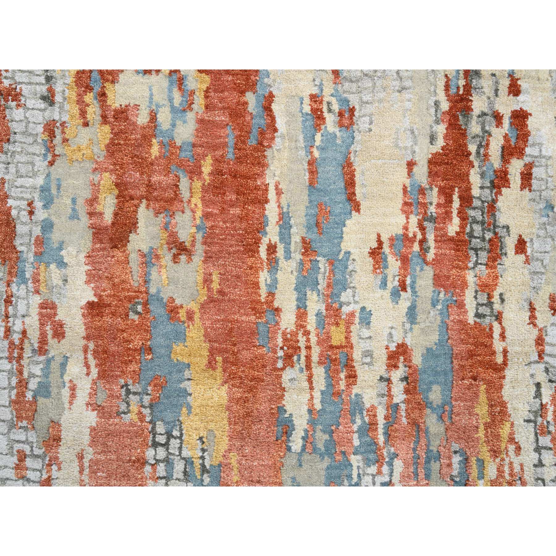 2'6"x17'8" Cream-Rust, Hand Knotted Abstract With Fire Mosaic Design, Wool And Silk, XL Runner Oriental Rug HR64539 - Image 5