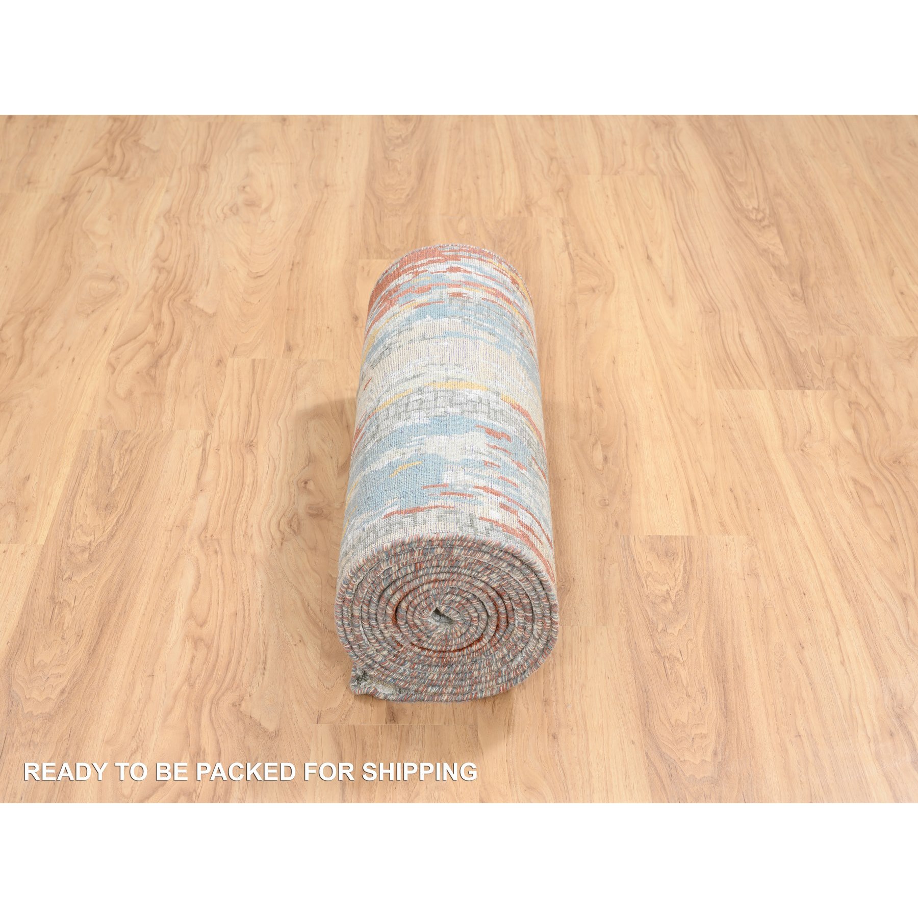 2'6"x17'8" Cream-Rust, Hand Knotted Abstract With Fire Mosaic Design, Wool And Silk, XL Runner Oriental Rug HR64539 - Image 6