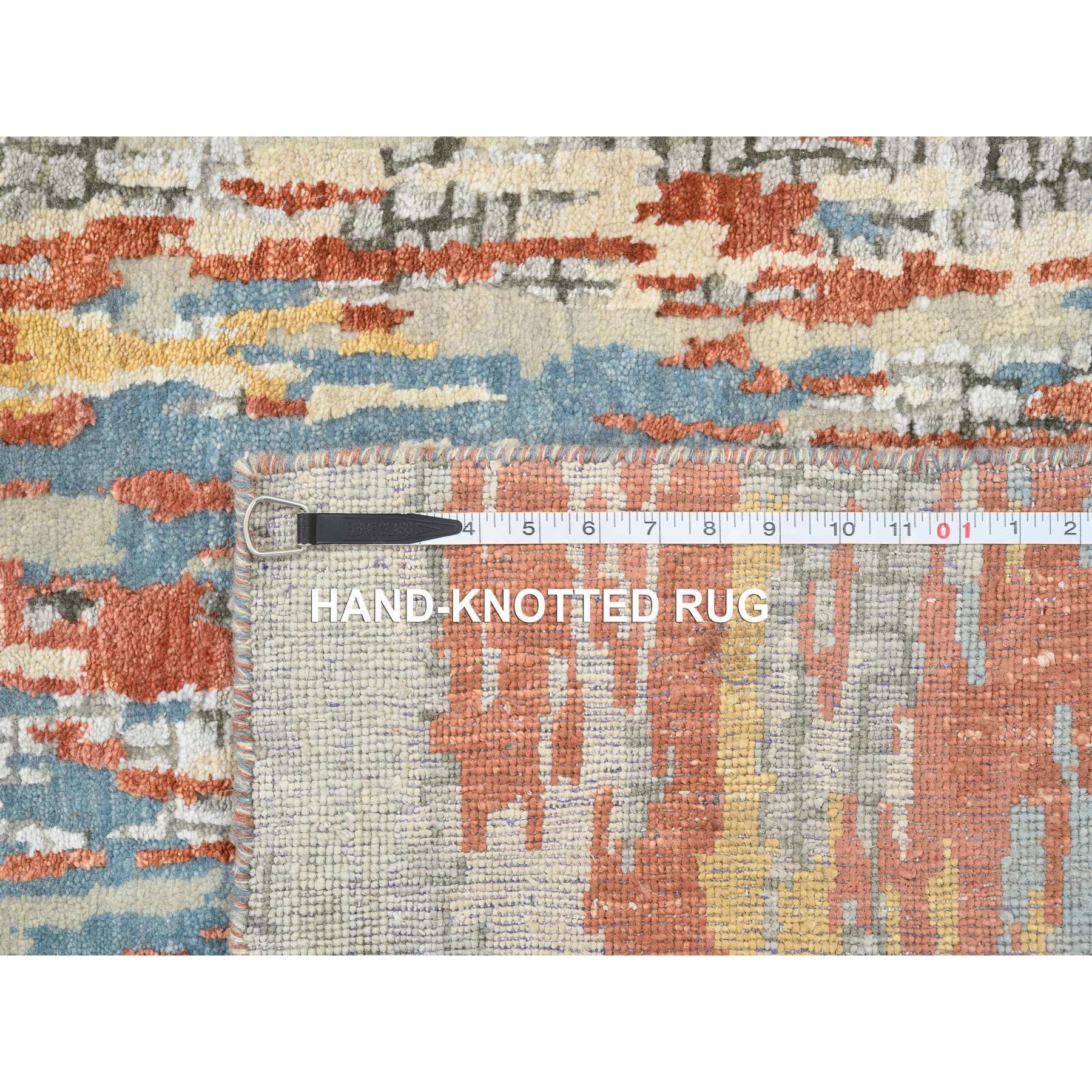 2'6"x17'8" Cream-Rust, Hand Knotted Abstract With Fire Mosaic Design, Wool And Silk, XL Runner Oriental Rug HR64539 - Image 8