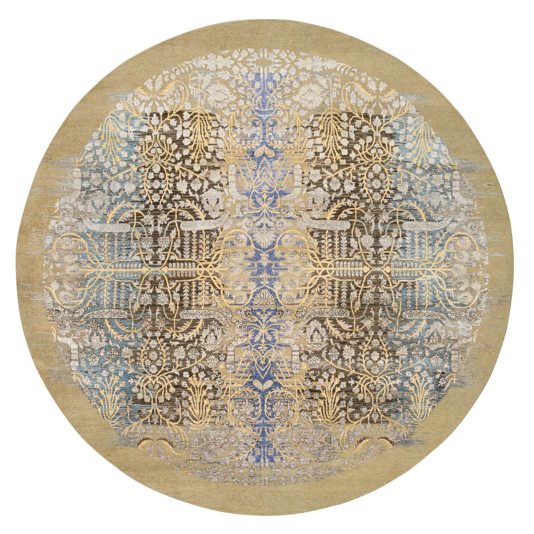 10'x10' Tan and Chocolate Brown, Hand Knotted Transitional Sarouk Silk With Textured Wool, Round Oriental Rug HR64661