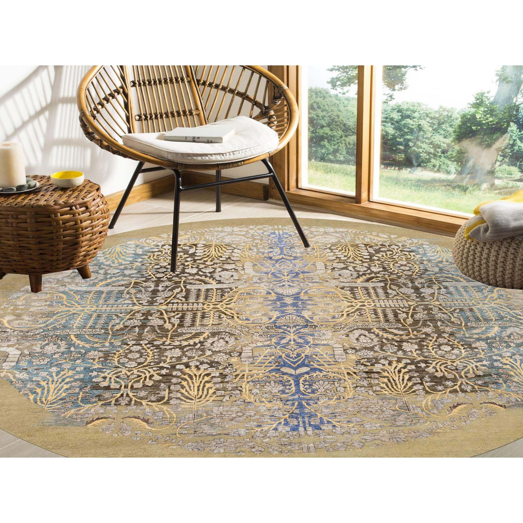 10'x10' Tan and Chocolate Brown, Hand Knotted Transitional Sarouk Silk With Textured Wool, Round Oriental Rug HR64661 - Image 2