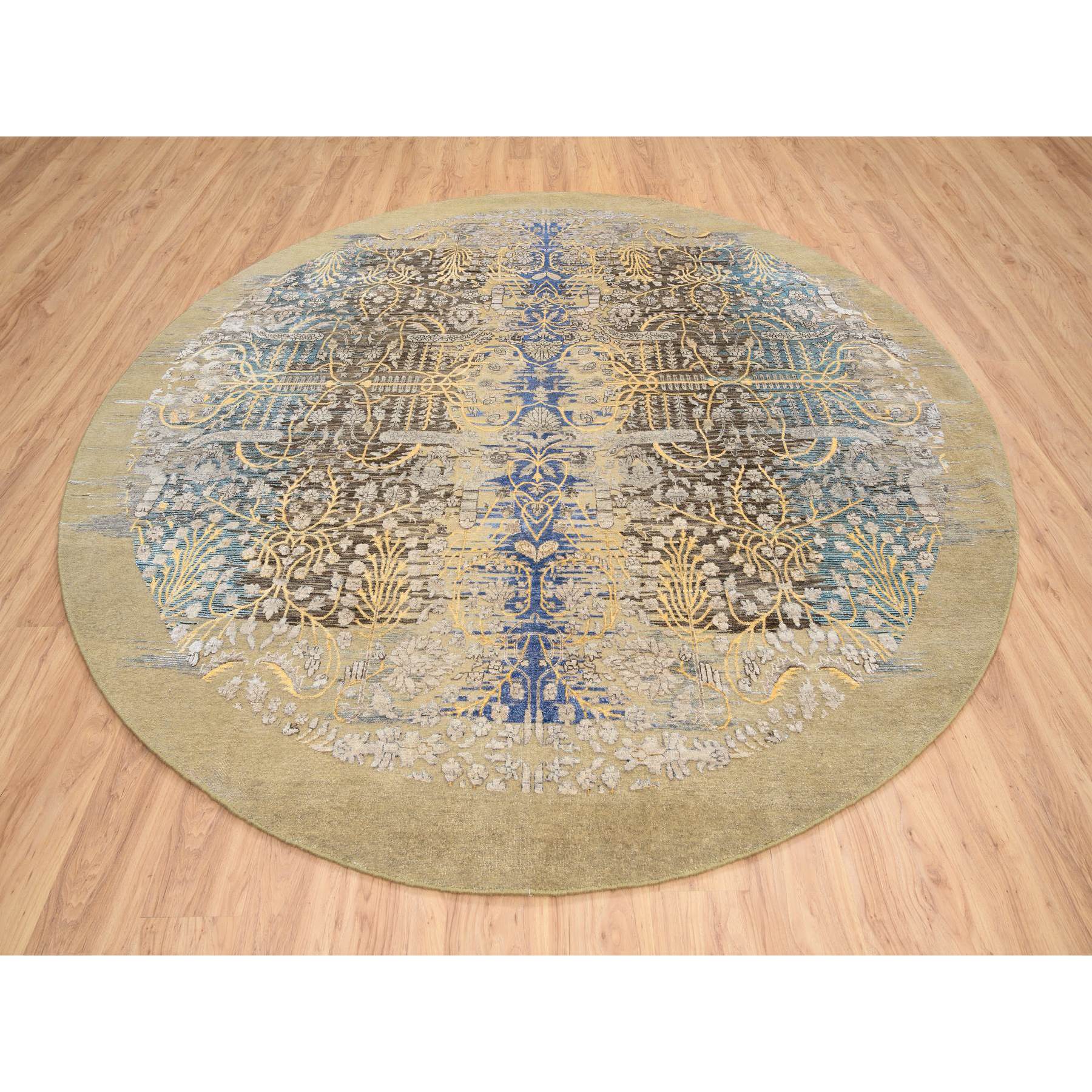 10'x10' Tan and Chocolate Brown, Hand Knotted Transitional Sarouk Silk With Textured Wool, Round Oriental Rug HR64661 - Image 3