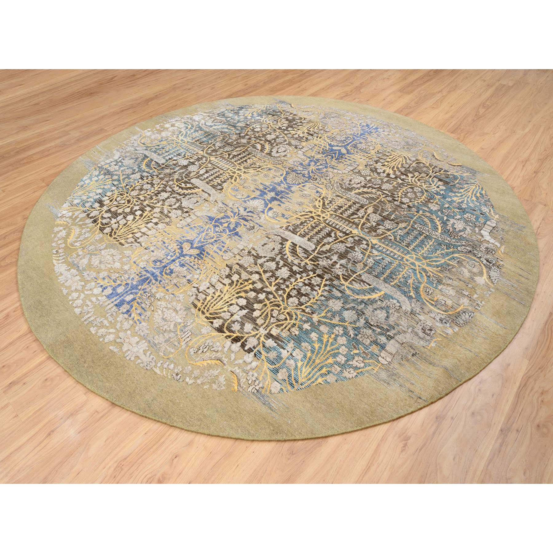 10'x10' Tan and Chocolate Brown, Hand Knotted Transitional Sarouk Silk With Textured Wool, Round Oriental Rug HR64661 - Image 4