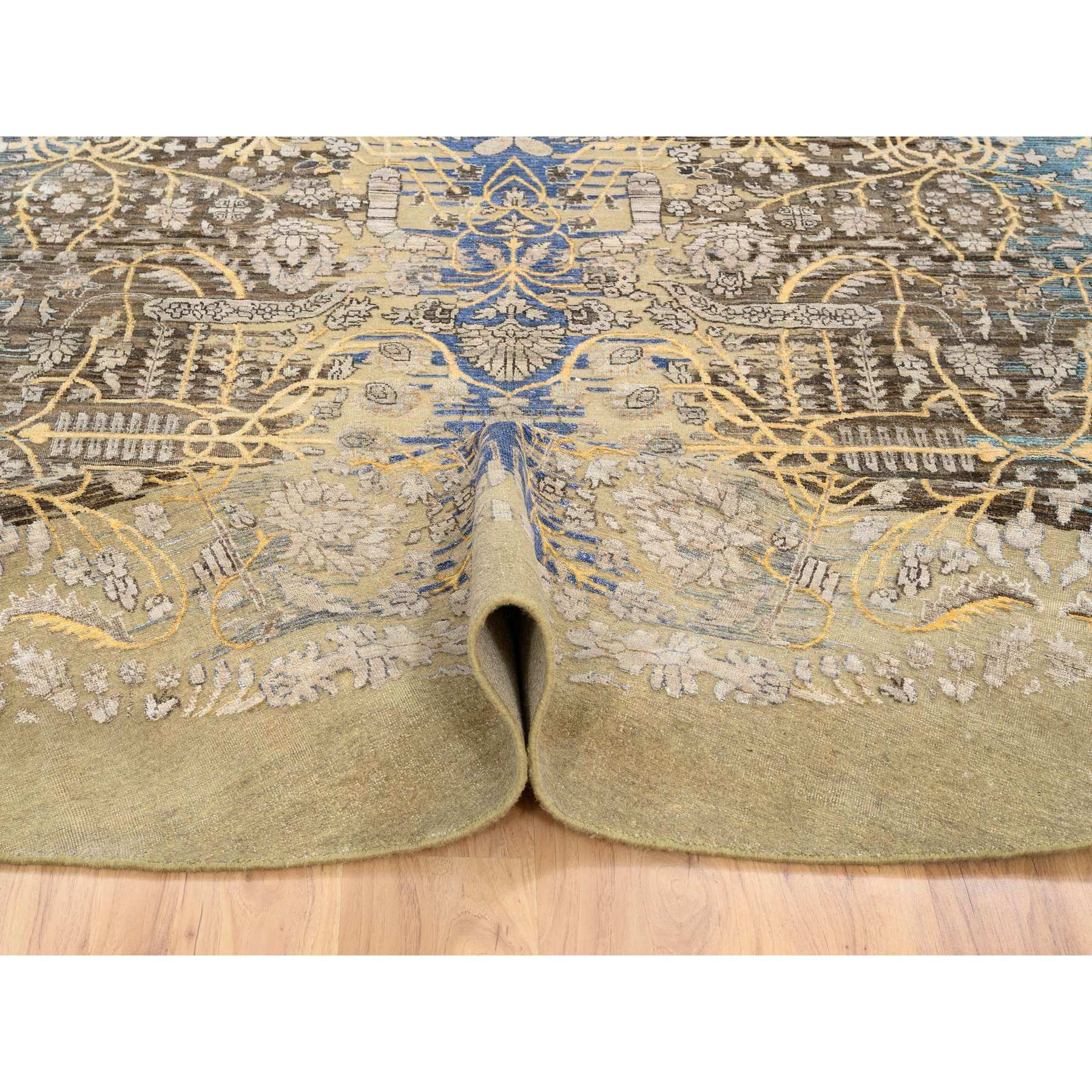 10'x10' Tan and Chocolate Brown, Hand Knotted Transitional Sarouk Silk With Textured Wool, Round Oriental Rug HR64661 - Image 6