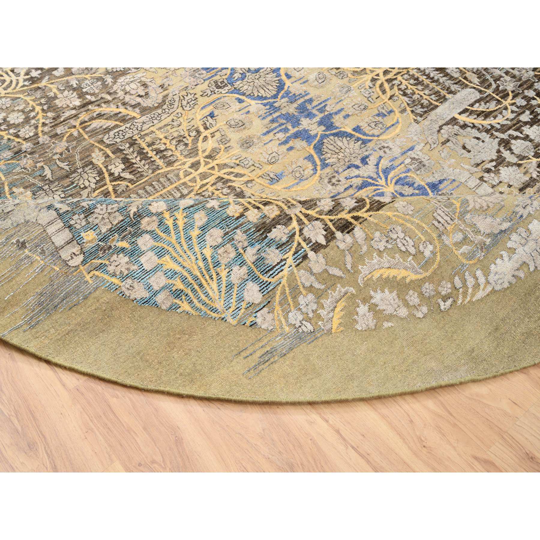 10'x10' Tan and Chocolate Brown, Hand Knotted Transitional Sarouk Silk With Textured Wool, Round Oriental Rug HR64661 - Image 7