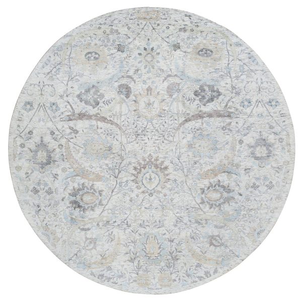 9'9"x9'9" Ivory and Blue, Silk with Textured Wool Hand Knotted, Sickle Leaf Design Soft Pile, Round Oriental Rug HR64662