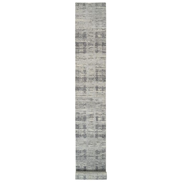 2'7"x23'8" Light Gray, Hand Spun Undyed Natural Wool, Hand Knotted, Modern Design, XL Runner Oriental Rug HR64696