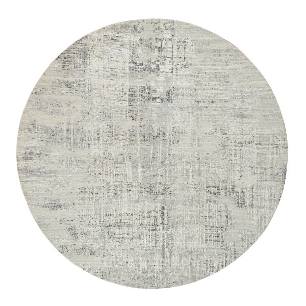 7'10"x7'10" Light Gray, Hand Spun Undyed Natural Wool, Hand Knotted, Modern Design, Round Oriental Rug HR64700