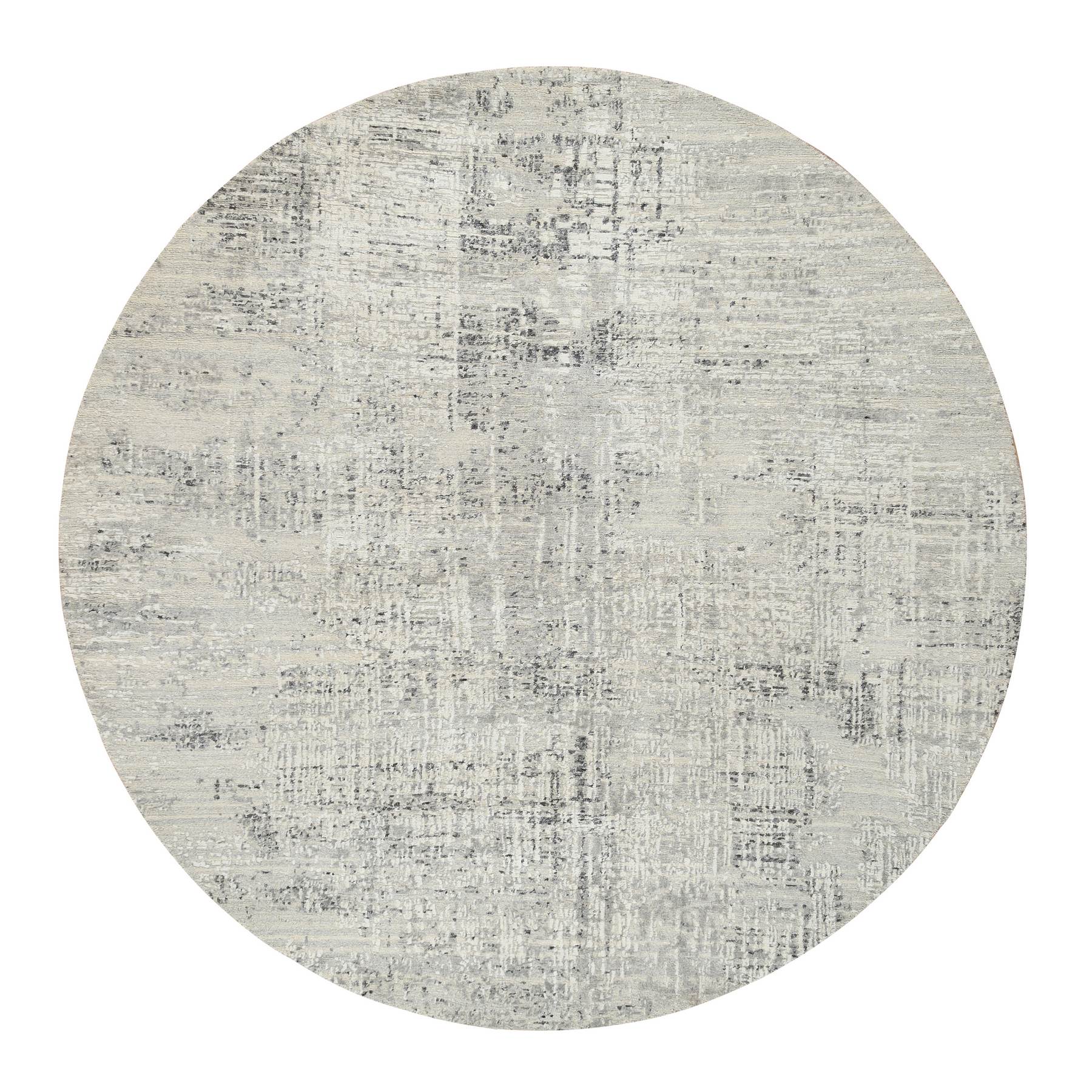 7'10"x7'10" Light Gray, Hand Spun Undyed Natural Wool, Hand Knotted, Modern Design, Round Oriental Rug HR64700