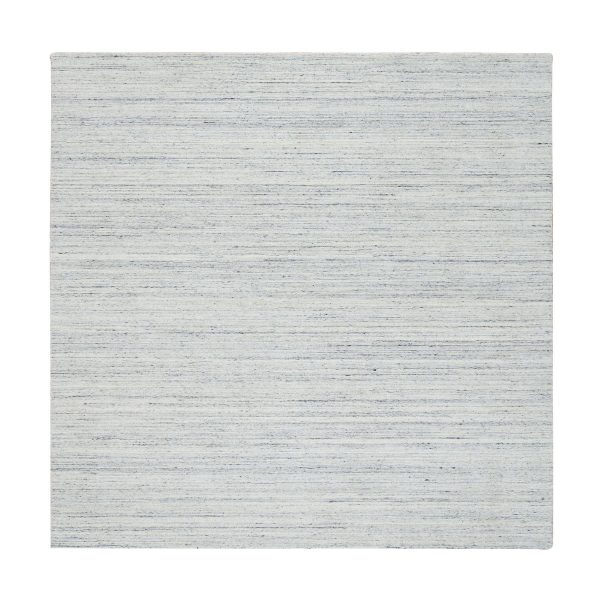 8'x8' Ivory, Hand Loomed Plain Modern Striped Design, Soft Pile Natural Wool, Square Oriental Rug HR64771